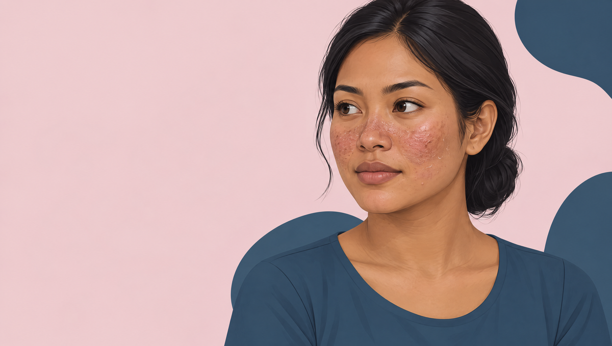 Illustration of a Southeast Asian woman with tan skin, with rough, flaking, irritated patches across her cheeks and the sides of her nose.