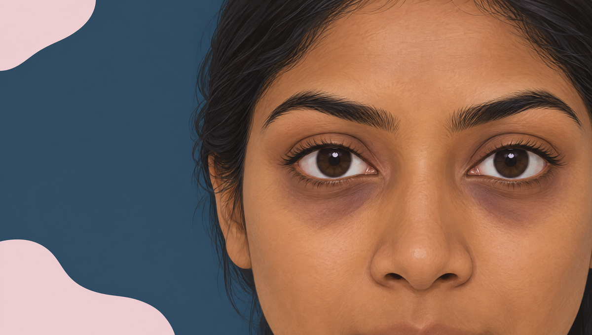 Close illustration of the eyes of a South Asian woman with medium-brown skin, with darker brown-purple shadows beneath both eyes.