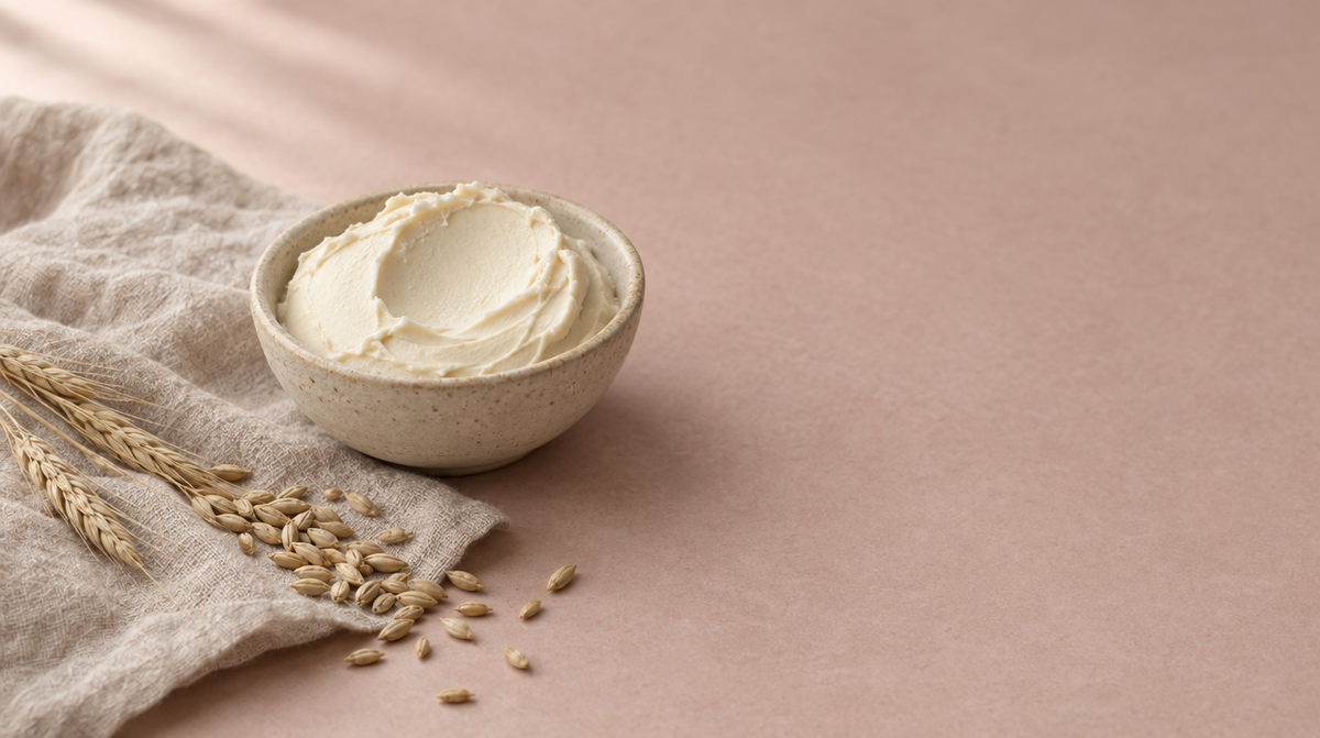 A ceramic dish of pale cream beside loose grains of barley on linen in soft daylight.
