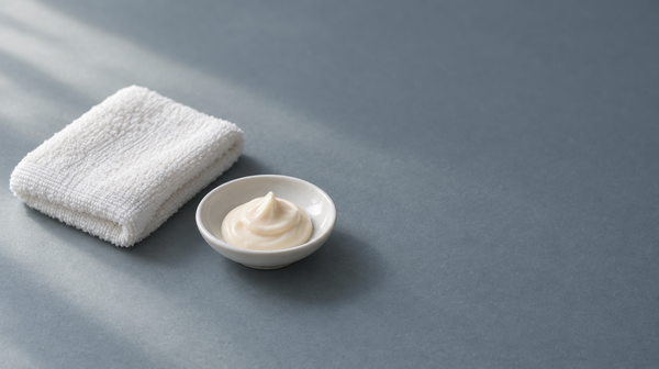 A dish of pale cream beside a folded white cotton washcloth in soft daylight.