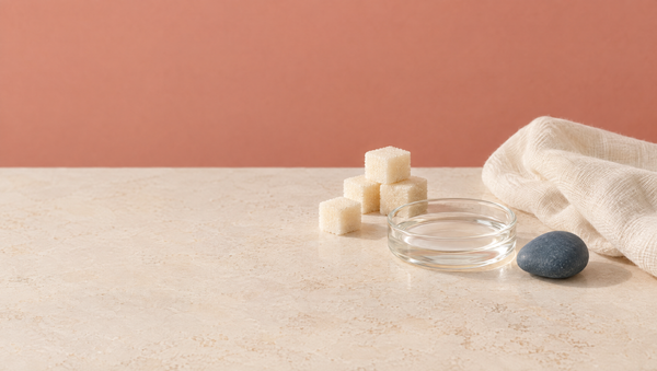 Pale sugar cubes, a glass dish of clear serum, a slate blue pebble and folded muslin on warm stone against a muted coral backdrop.