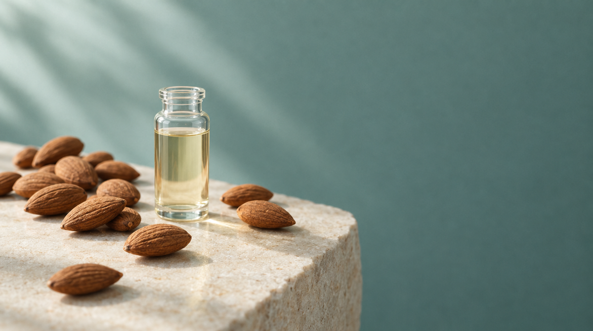 Whole raw almonds beside a small glass vial of pale liquid on a stone surface.
