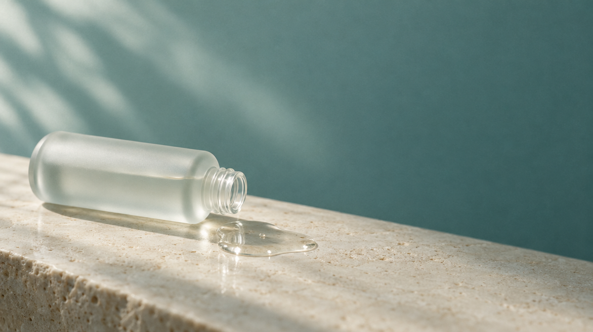 A frosted glass bottle resting on its side beside a pool of clear serum on a stone surface.