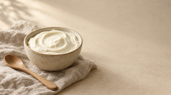 A stoneware bowl of thick cultured cream with a wooden spoon on a linen cloth.