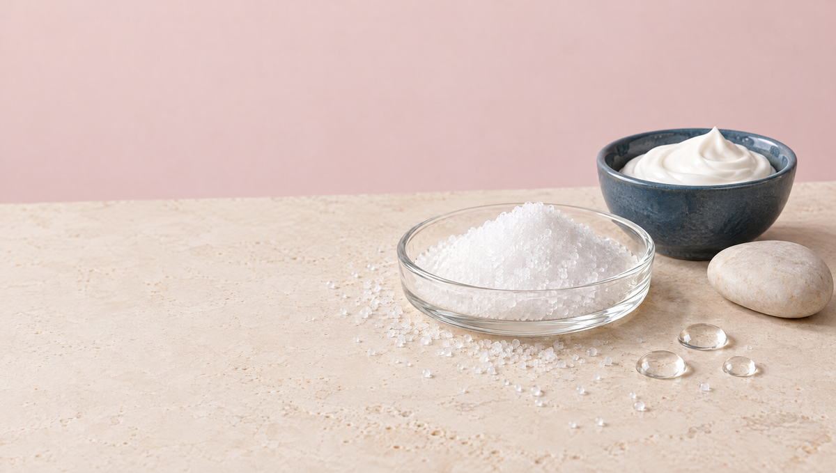 A glass dish of fine white crystals on warm stone beside water droplets, a pale pebble and a slate blue bowl of white cream.