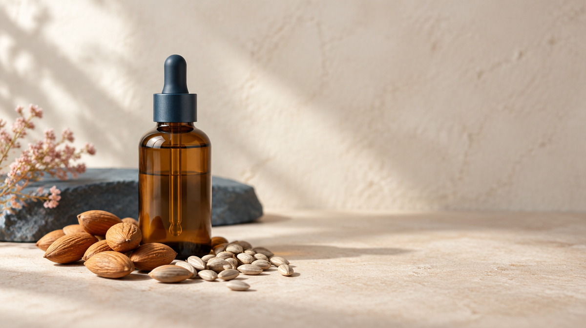 An amber dropper bottle on a stone surface with almonds and sunflower seeds in soft daylight.
