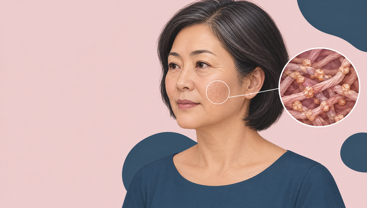 Illustration of an East Asian woman in her late fifties with fine crisscross lines on her cheek, beside a magnified circle showing stiff, tangled collagen fibres.
