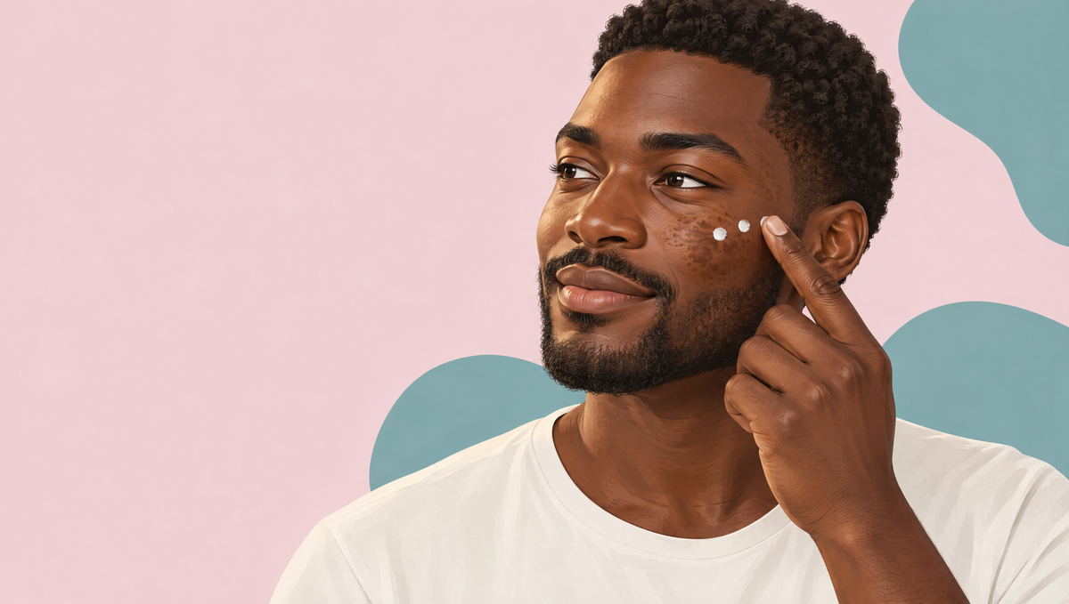 Illustration of a man with deep brown skin in warm sunlight, dotting white sunscreen along his cheekbone with one fingertip.