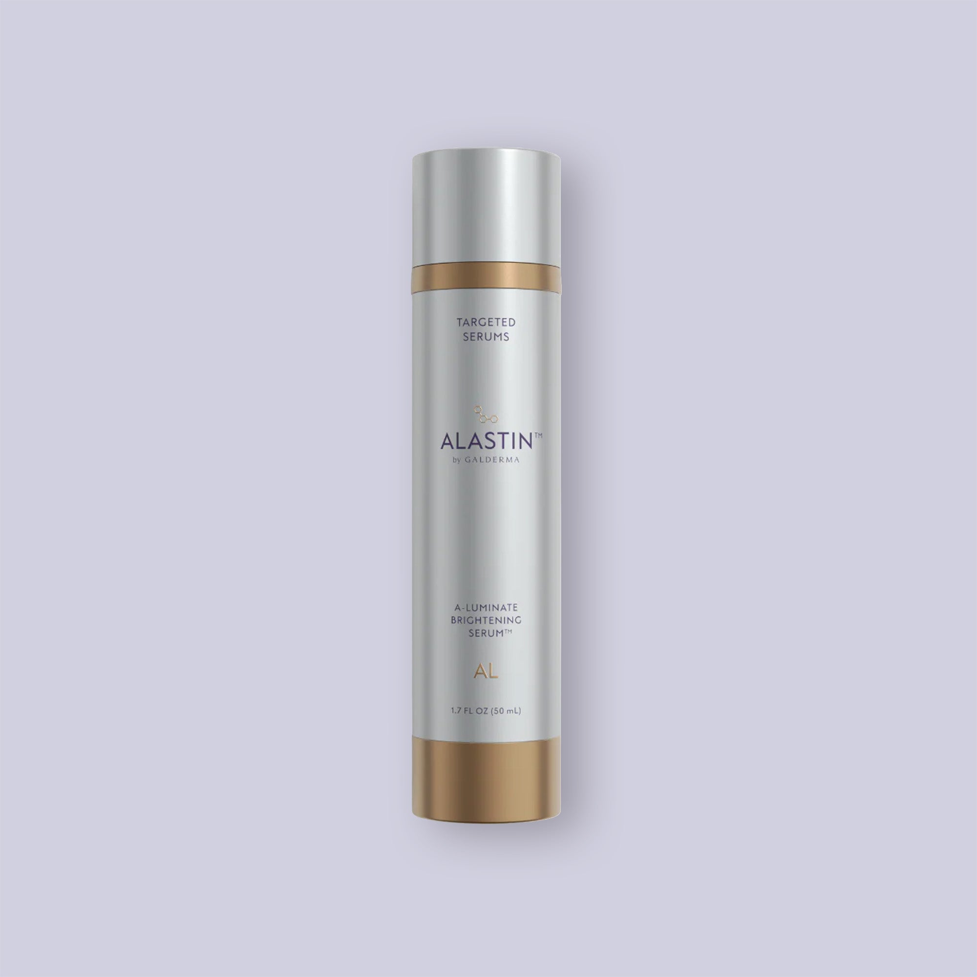 Alastin A-Luminate Brightening Serum bottle on a light purple background