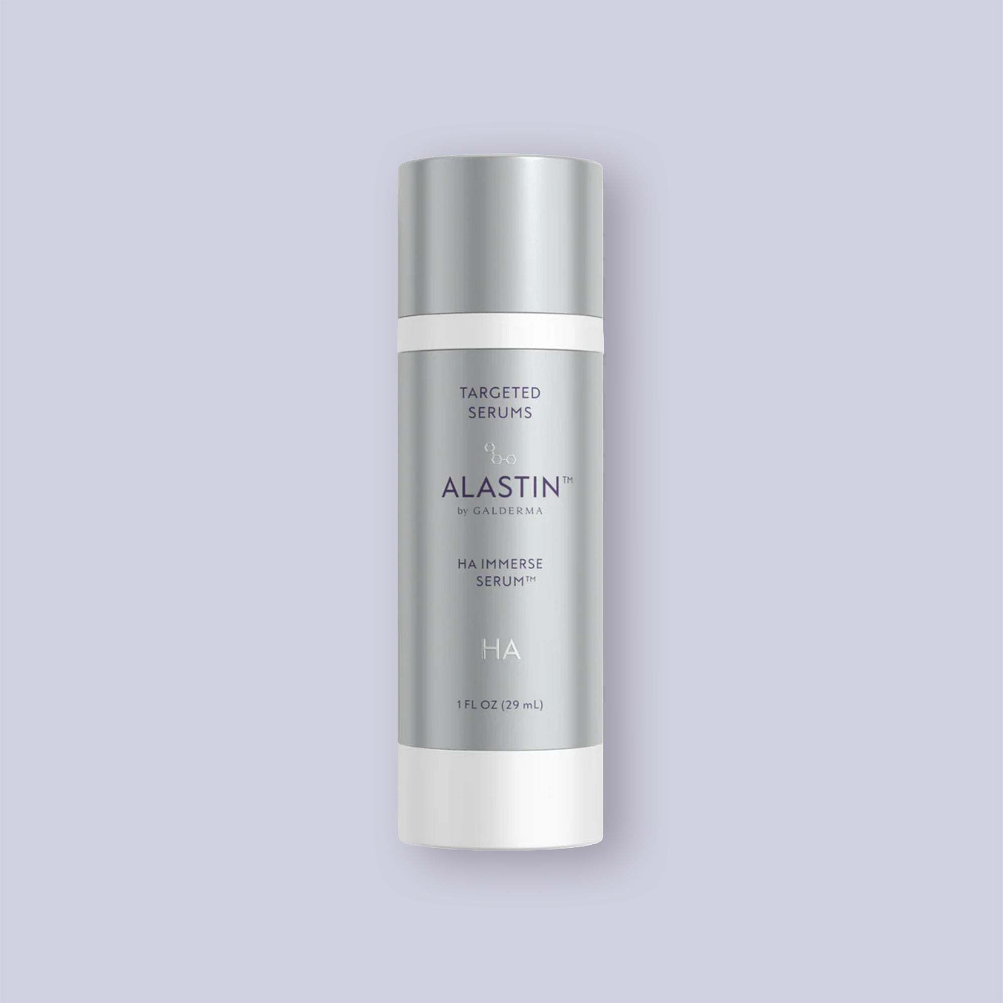 Silver Alastin HA Immerse Serum bottle on a light purple background