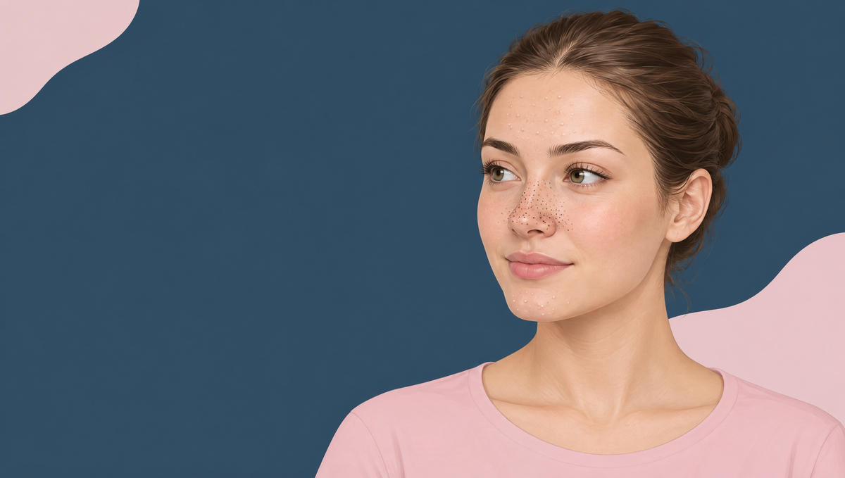 Illustration of a young woman with fair skin, with small dark blackheads across her nose and tiny pale whiteheads on her forehead.