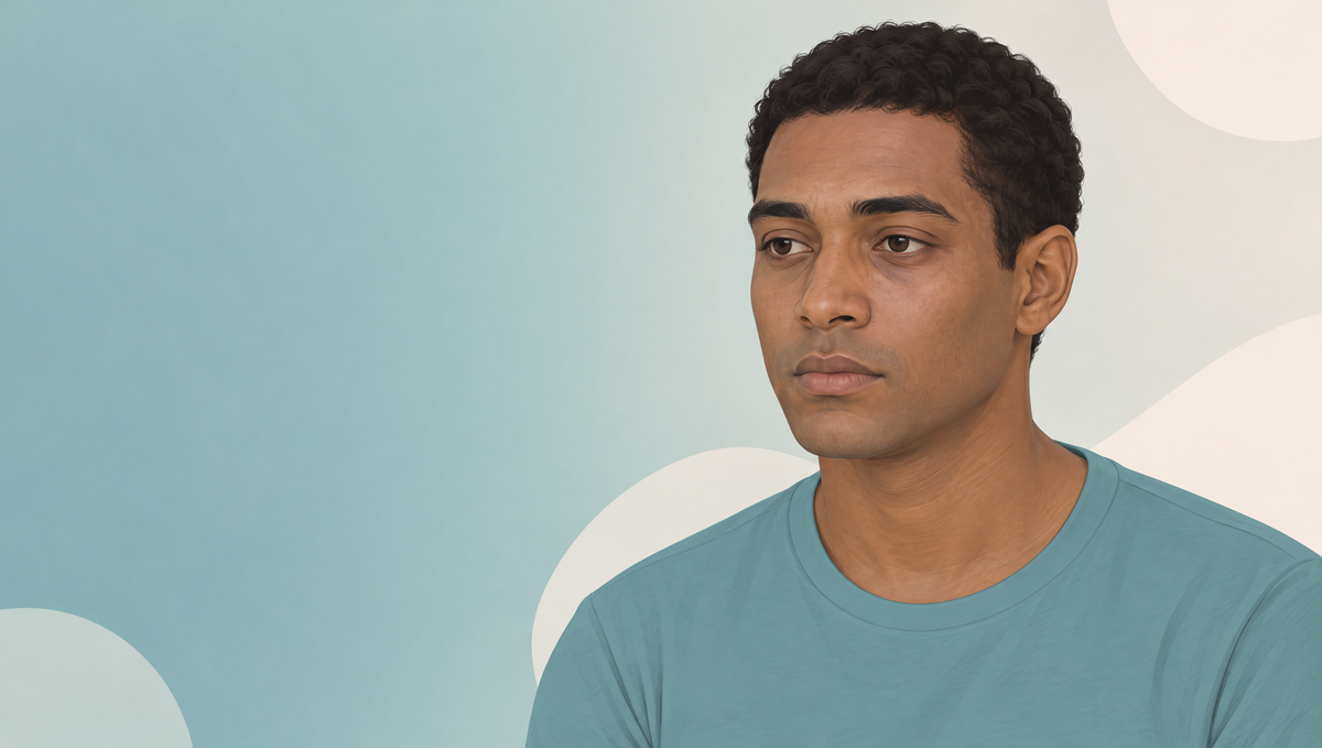 Illustration of a man with medium-brown skin whose complexion looks flat, matte and slightly ashy, without natural glow.
