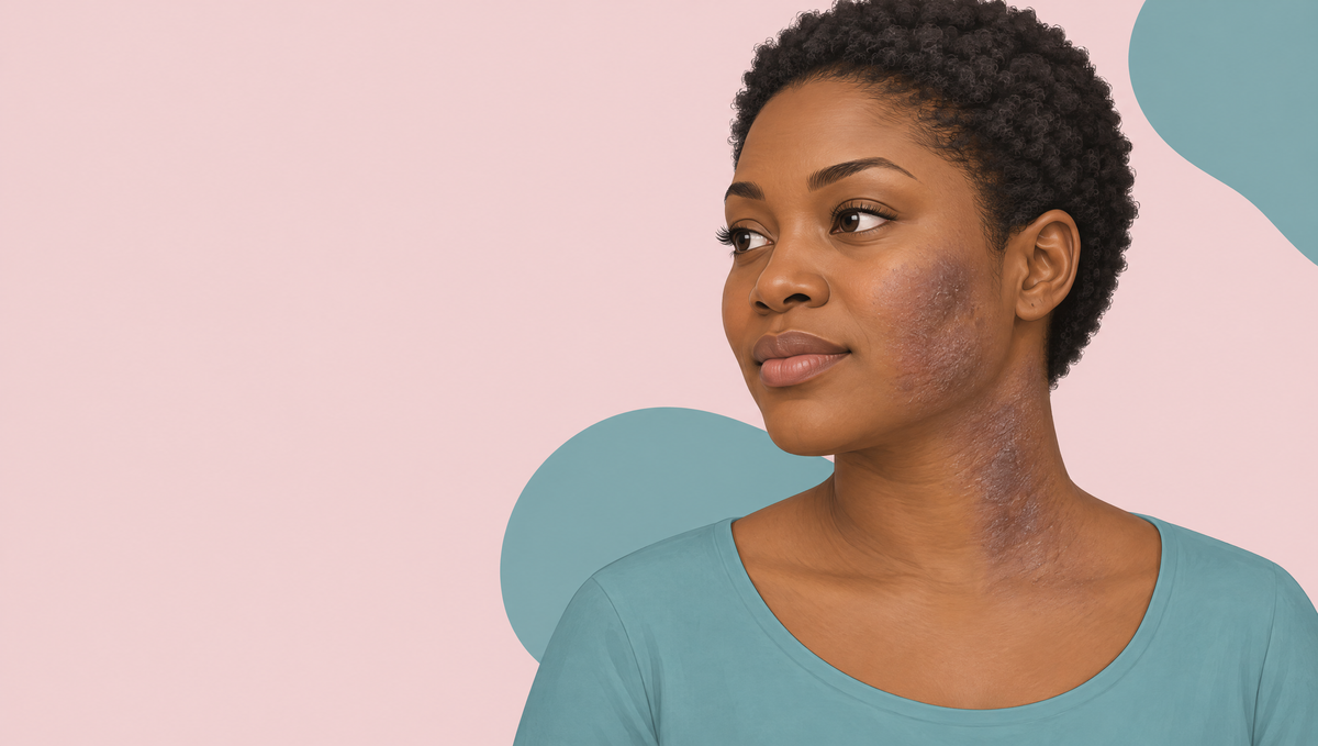 Illustration of a Black woman with brown skin, with dry, rough, darker gray-violet patches of eczema on her cheek and the side of her neck.