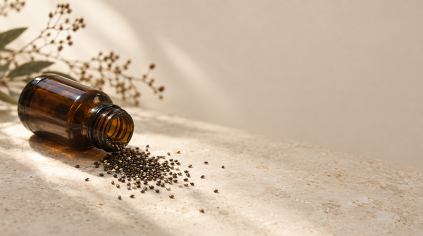 A dark glass bottle on its side beside scattered dark seeds on a pale stone surface.