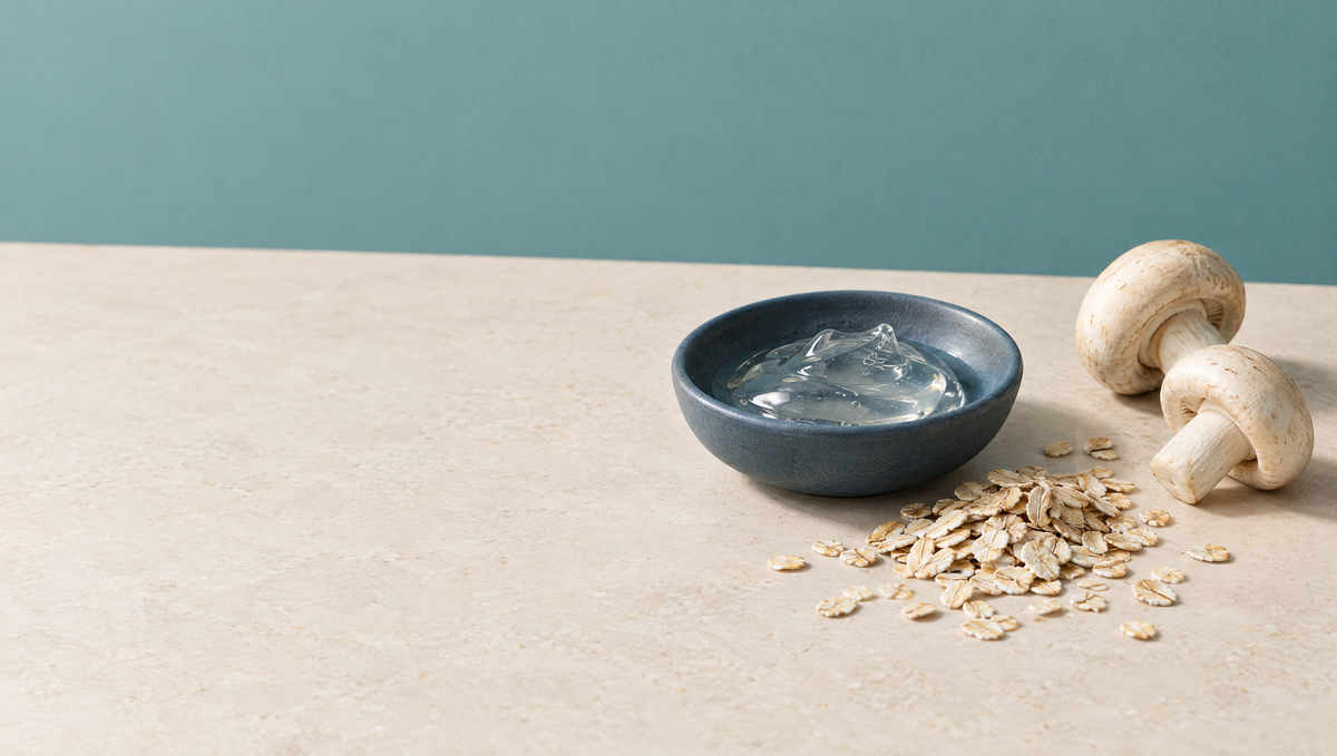 A slate blue dish of clear gel beside oat flakes and two pale mushrooms on warm stone against a soft teal backdrop.