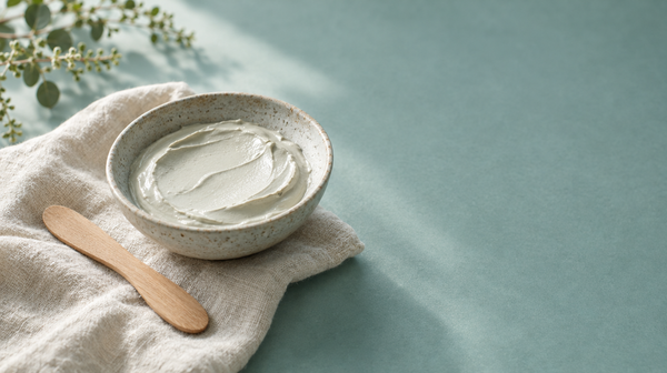 A shallow bowl of smooth pale mask paste beside a wooden spatula on cream linen.