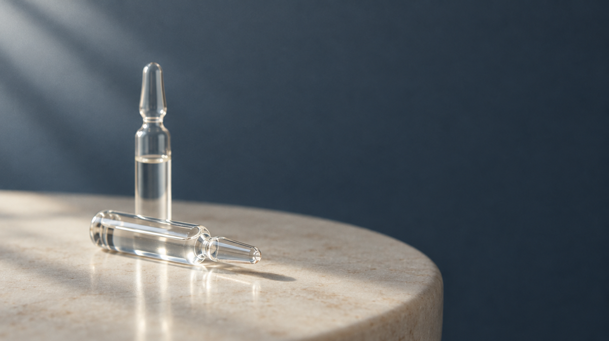 Two sealed glass ampoules on a pale stone surface in soft daylight.