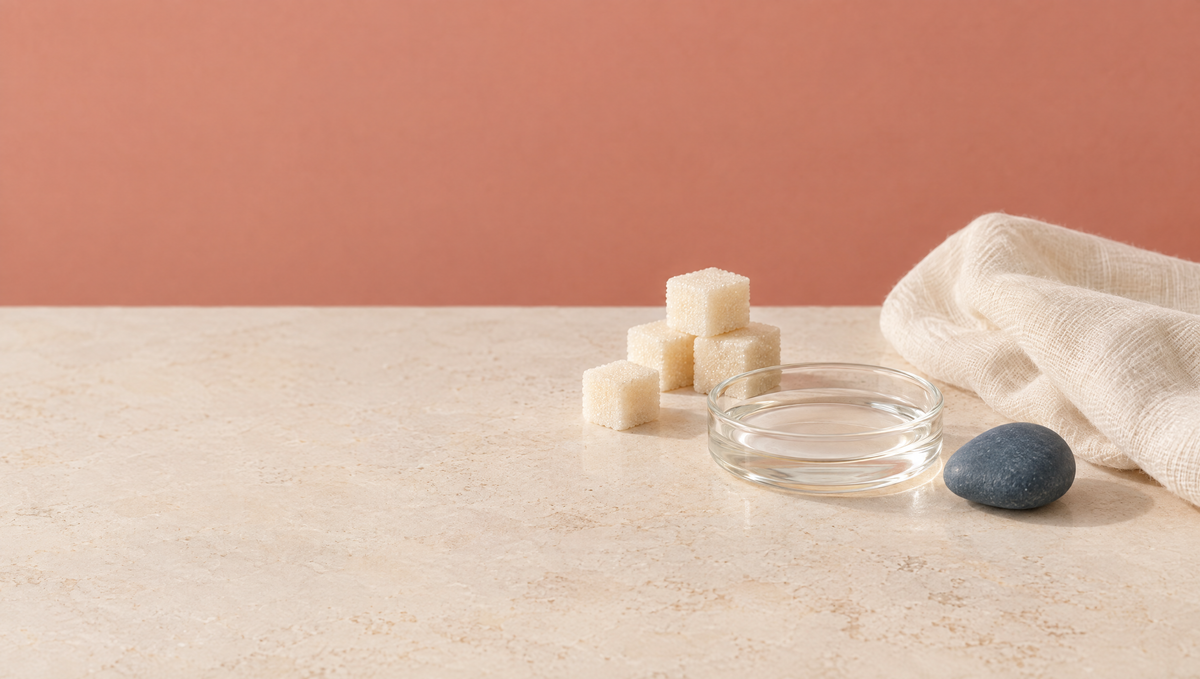 Pale sugar cubes, a glass dish of clear serum, a slate blue pebble and folded muslin on warm stone against a muted coral backdrop.