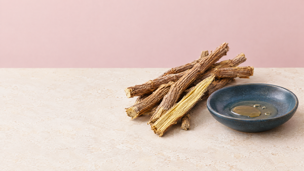 Dried licorice root sticks, one split to show its yellow interior, beside a slate blue dish of pale amber extract on warm stone.