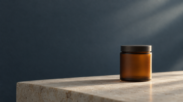 A small amber glass jar on a pale stone surface in soft directional light.