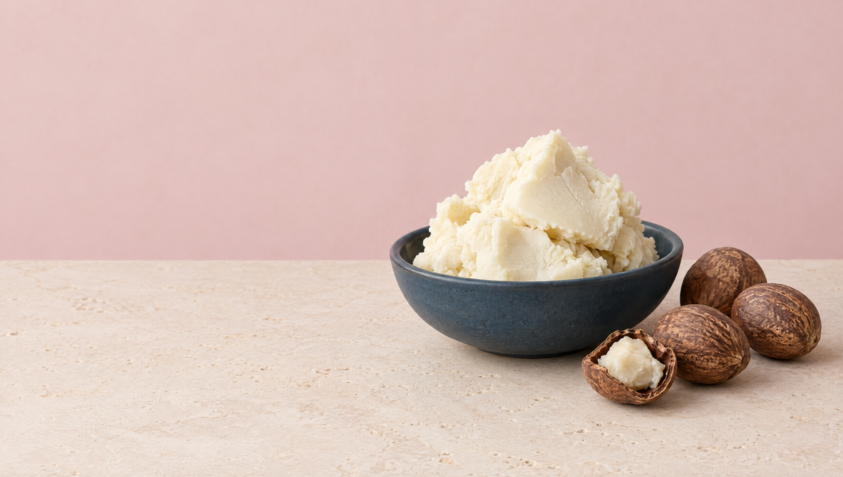 A small mound of ivory shea butter in a slate blue dish beside whole shea nuts on a warm stone surface.