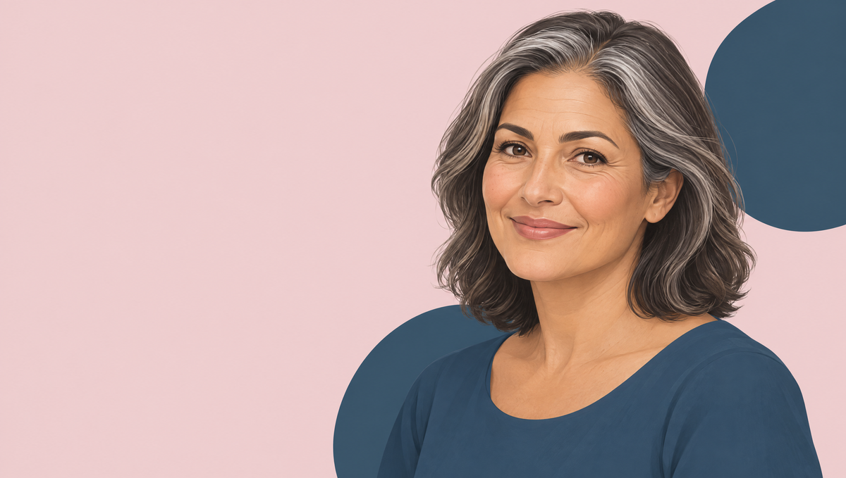Illustration of a smiling woman in her fifties with light olive skin and silver-streaked hair, with fine lines at the corners of her eyes and on her forehead.