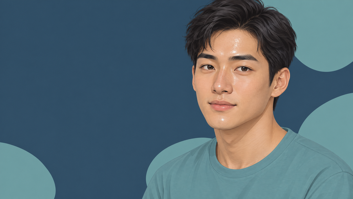 Illustration of a young East Asian man with light-medium skin, with a glossy shine across his forehead, nose and chin.
