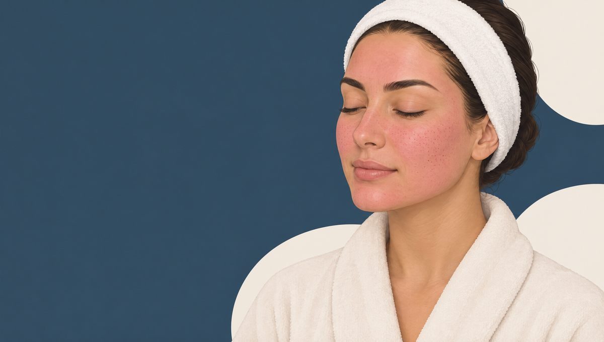 Illustration of a woman with light olive skin in a towelling headband and robe, eyes closed, with an even pink flush across her face after a professional treatment.