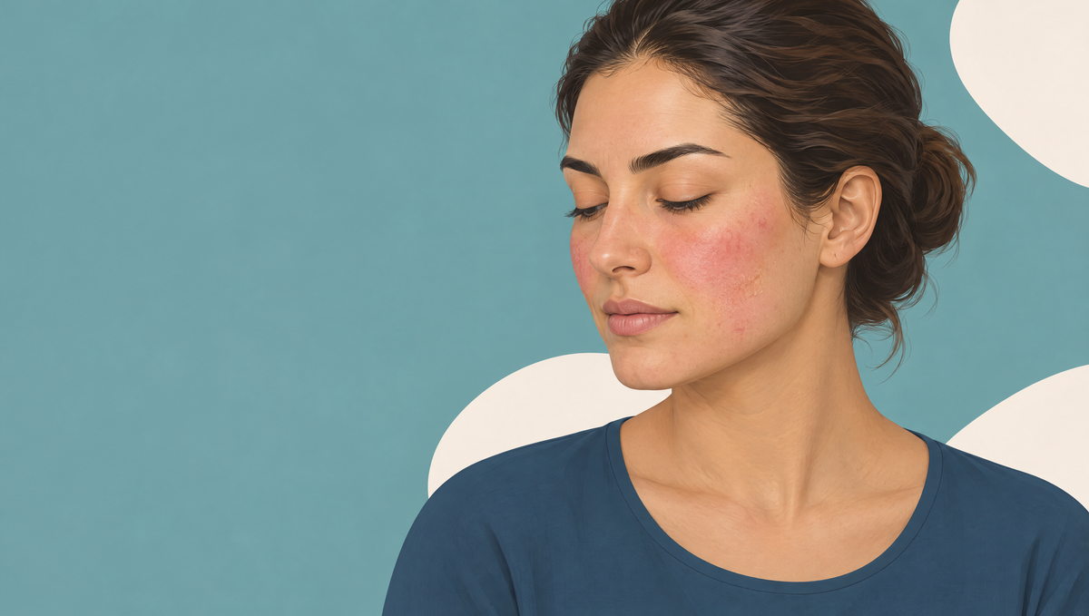 Illustration of a woman with light olive skin, eyes closed, with patchy pink flushing and faint dry patches on her cheeks, as reactive skin looks after a product stings.