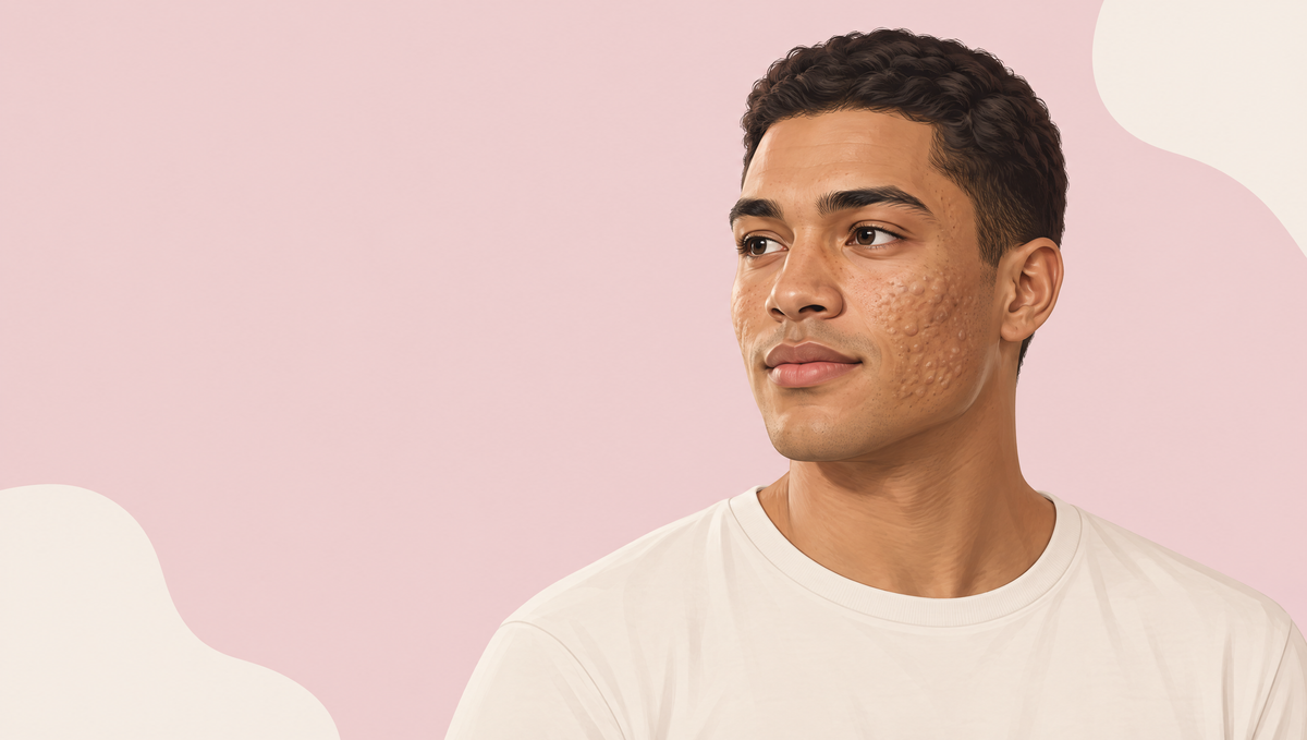 Illustration of a man with medium tan skin lit from the side, showing small raised bumps and shallow dips across his cheeks.