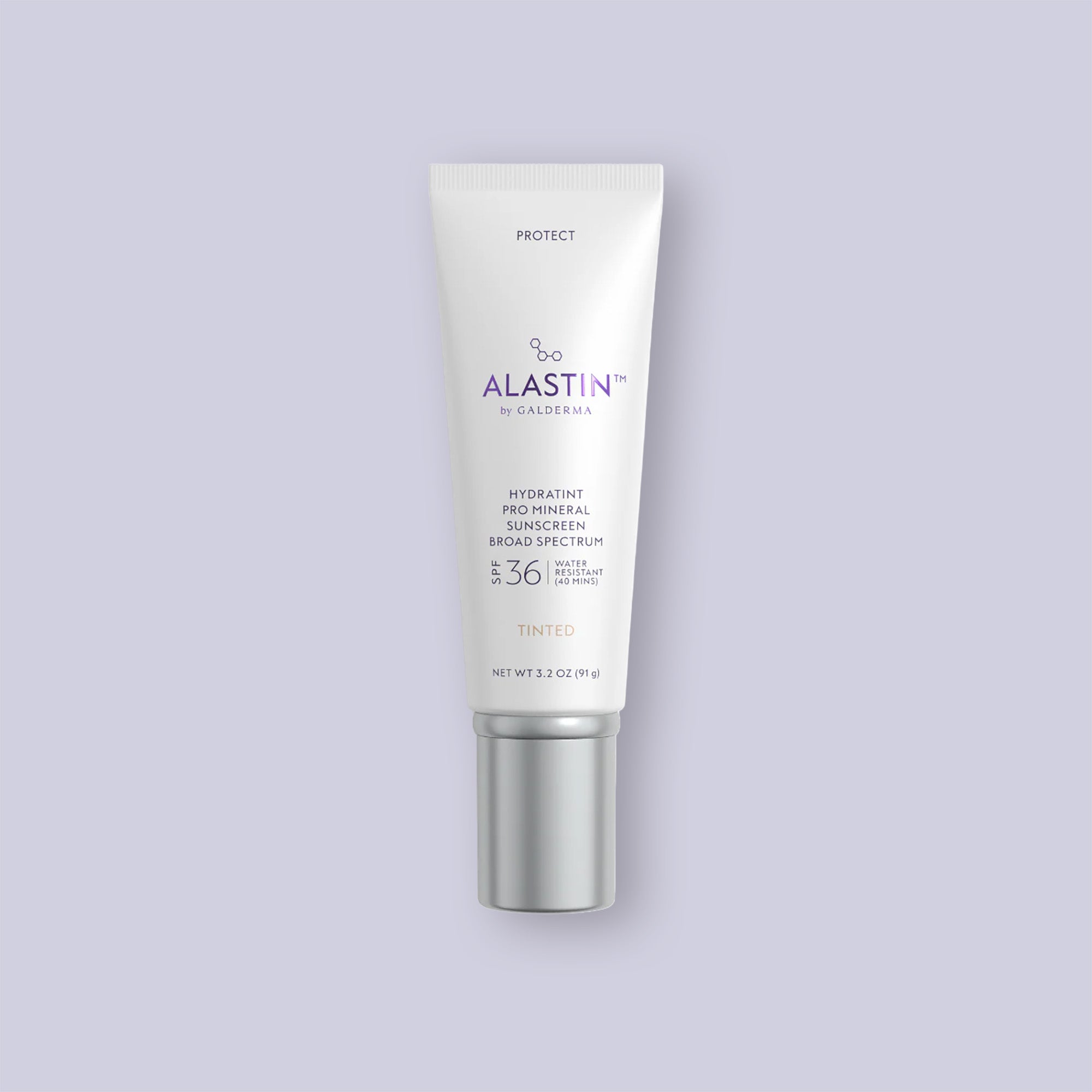 Alastin Hydratint Pro Mineral Sunscreen SPF36 tube on a light purple background