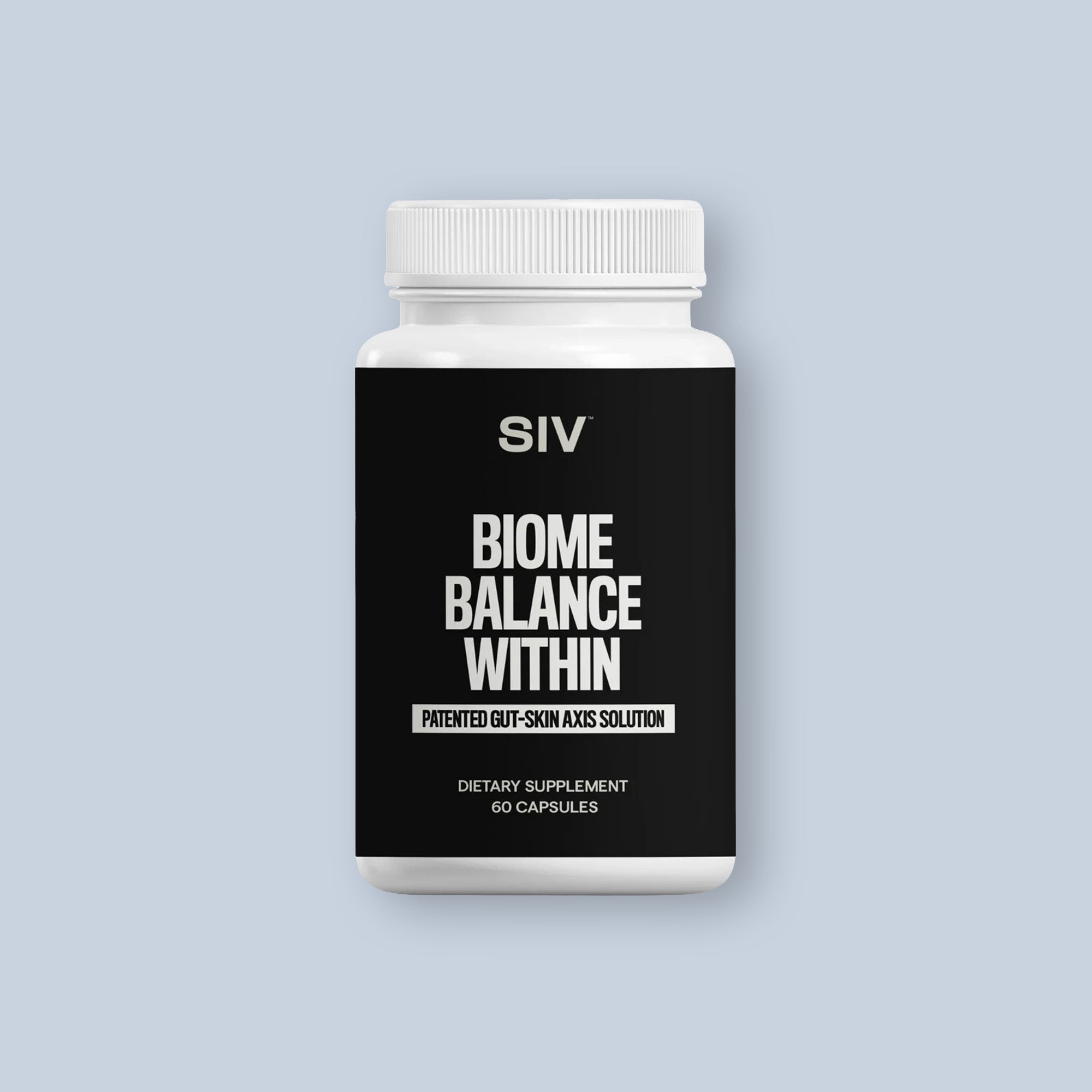 Supplement bottle labeled 'SIV Biome Balance Within' on a light gray background