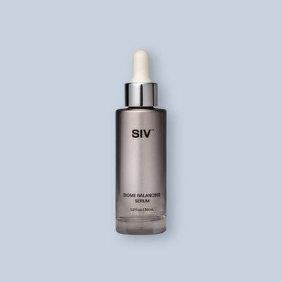 SIV Biome Balancing Serum bottle with dropper on a light gray background