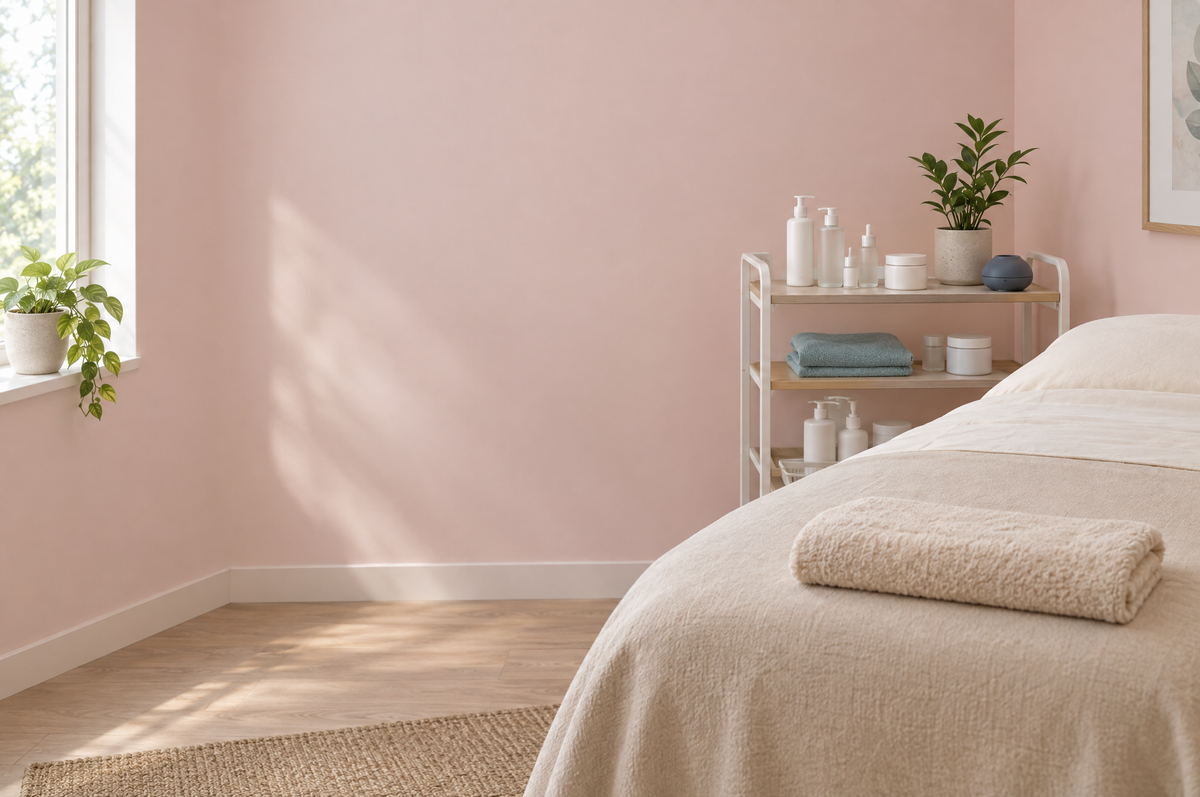 A calm esthetic treatment room with a made treatment bed and a few skincare products on a side trolley