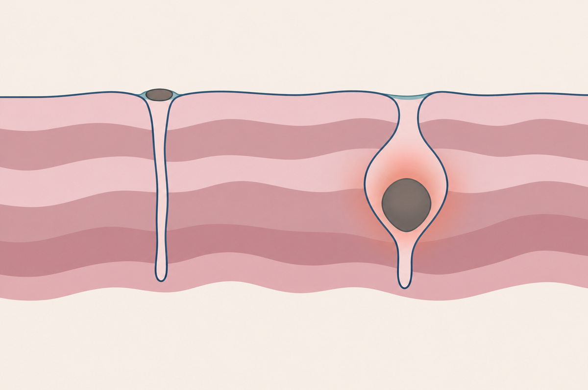 Illustration of two clogged pores: one with a dark plug at the surface, and one swollen and surrounded by inflammation.