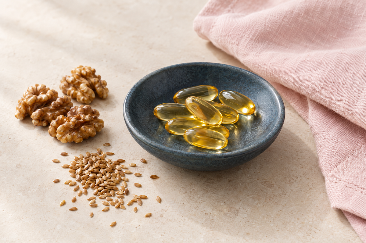 Golden omega softgel capsules in a slate blue dish beside walnuts and flaxseeds.