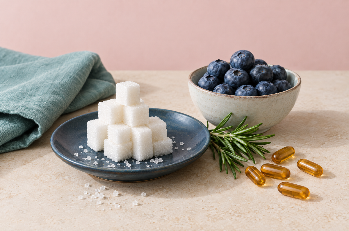Sugar cubes on a slate blue saucer beside blueberries, a sprig of rosemary and amber capsules on stone.