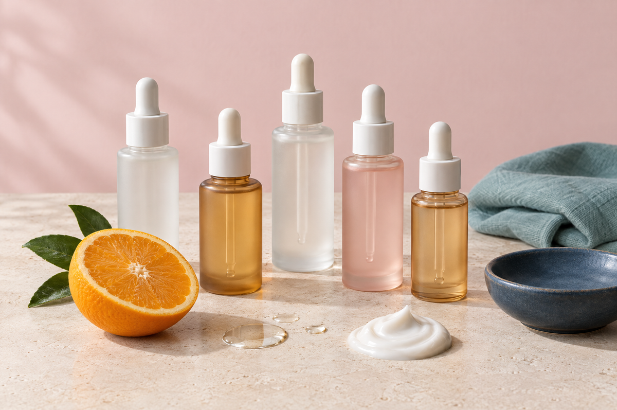 A row of unlabeled glass dropper bottles beside a halved orange, drops of clear serum and a swirl of white cream on stone.