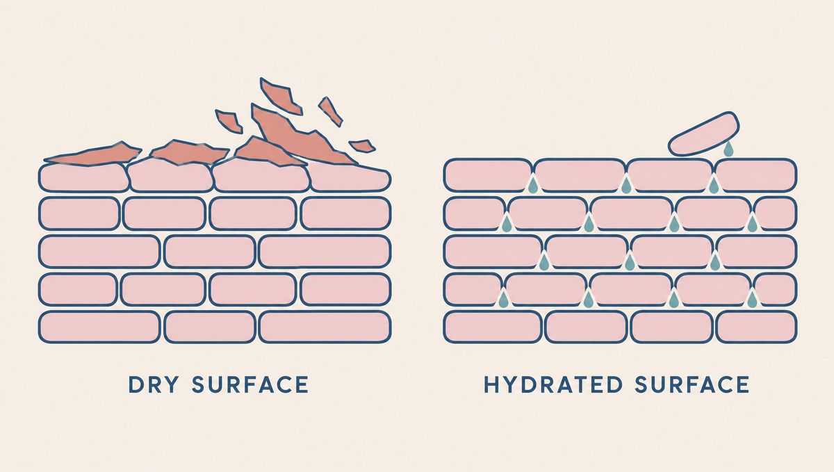 Two panels: dry skin cells peeling up in a clump of flakes, and hydrated cells with water droplets shedding one at a time.