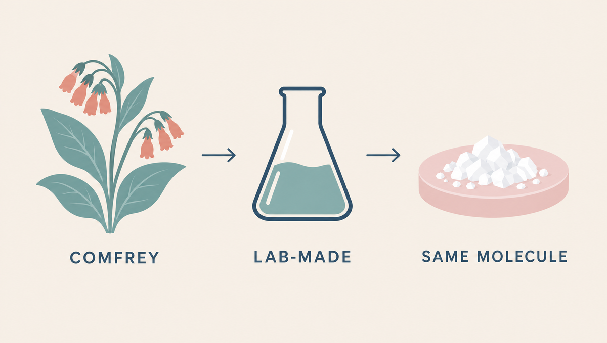 Sequence showing a comfrey plant, an arrow to a lab flask, and an arrow to a small pile of white allantoin crystals.