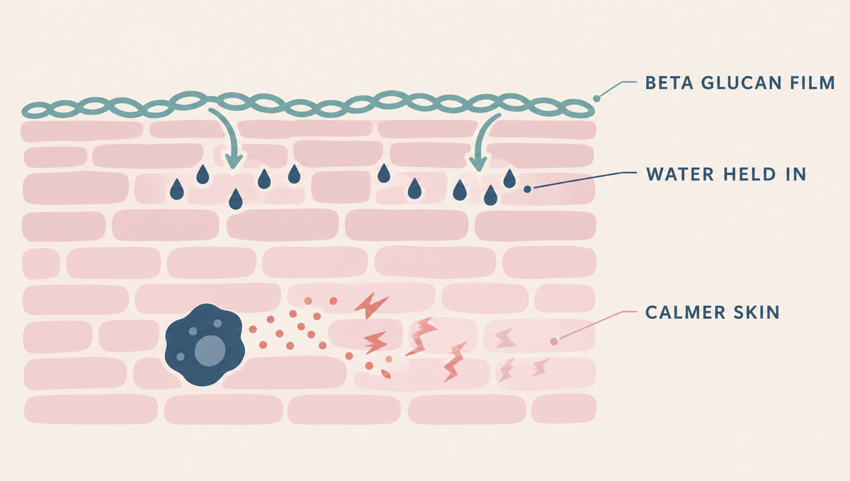 Diagram of skin layers under a teal chain-like film keeping water droplets in, with an immune cell and fading irritation marks.