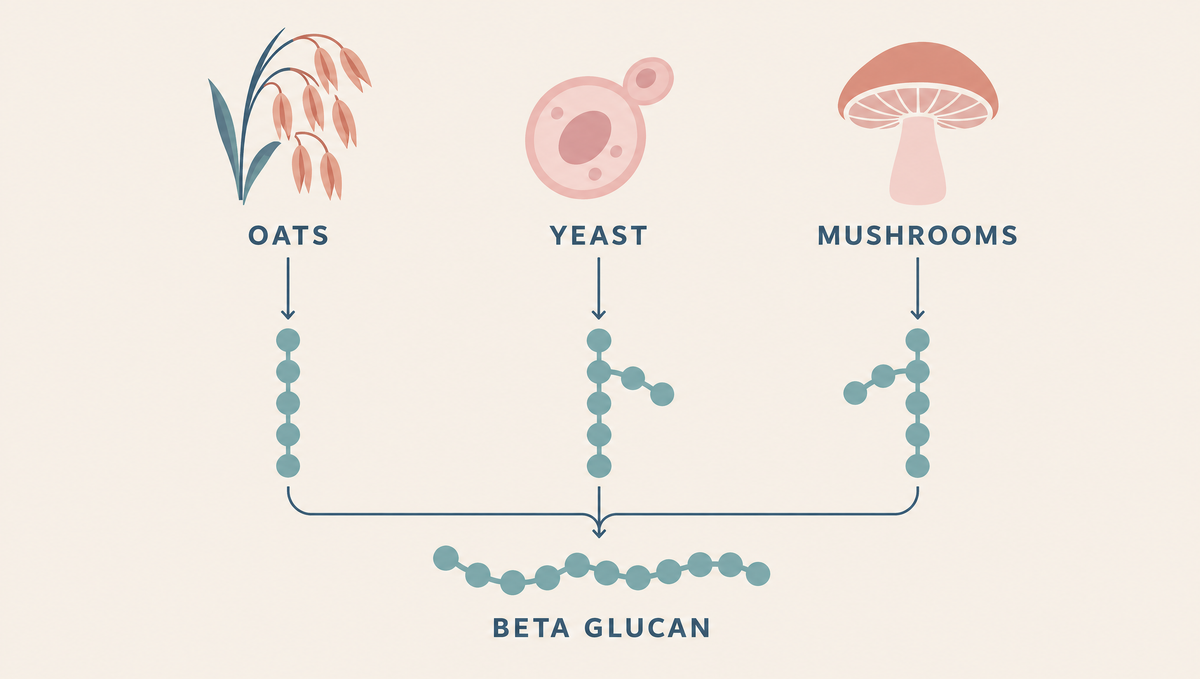 Diagram of an oat stalk, a yeast cell and a mushroom with arrows leading to chains of linked teal beads, one straight and two branched.
