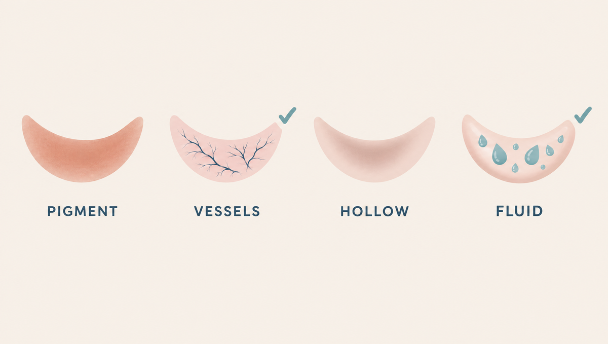Four crescent shapes showing brown pigment, visible vessels, a shadowed hollow and fluid droplets, with check marks on vessels and fluid.