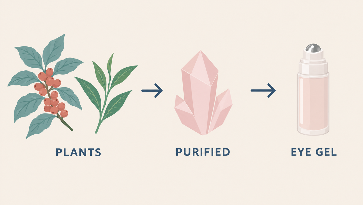 Sequence of a coffee branch and tea sprig, a pale caffeine crystal, and a plain gel jar with a steel roller tip, joined by arrows.