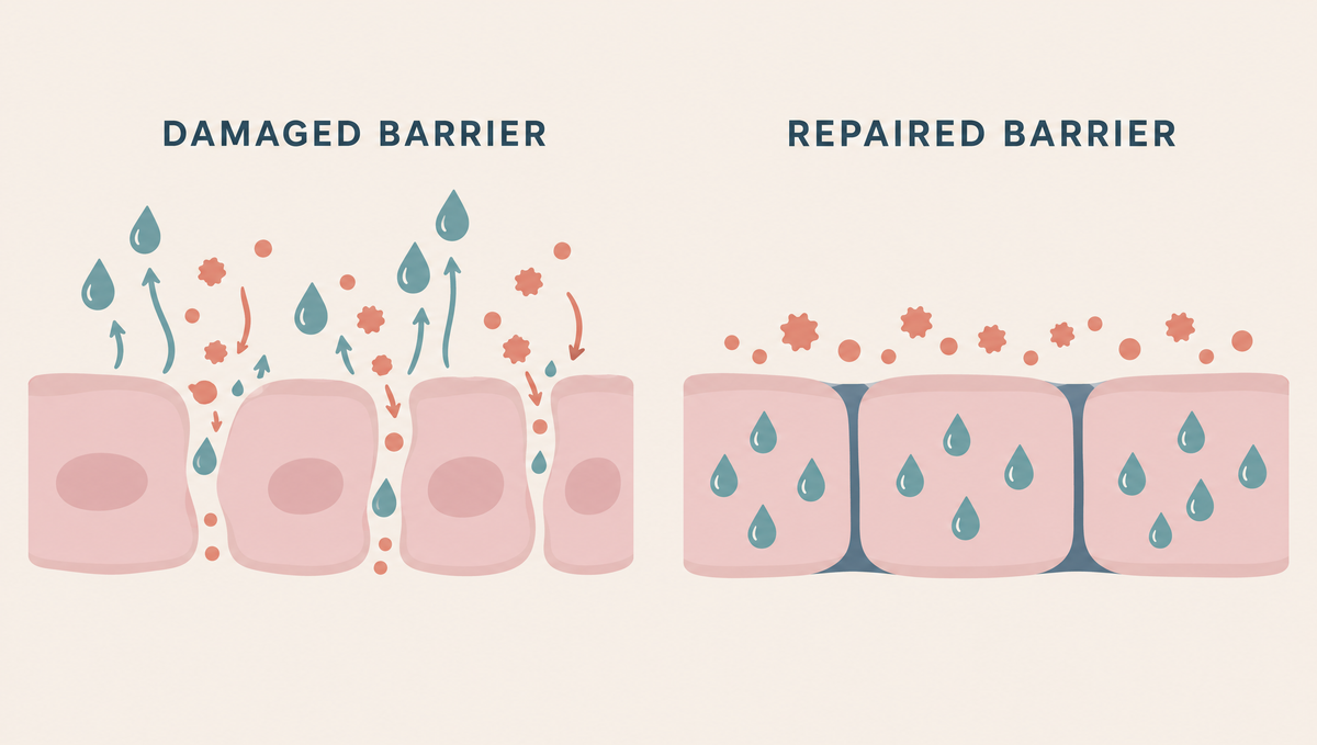 Two panels: gapped skin cells losing water and letting irritants in, beside tight cells holding water in and keeping irritants out.