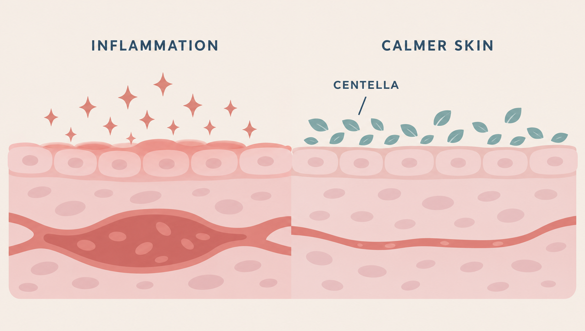 Skin cross-section with coral inflammation sparks on the left and teal centella particles settling over calm cells on the right.