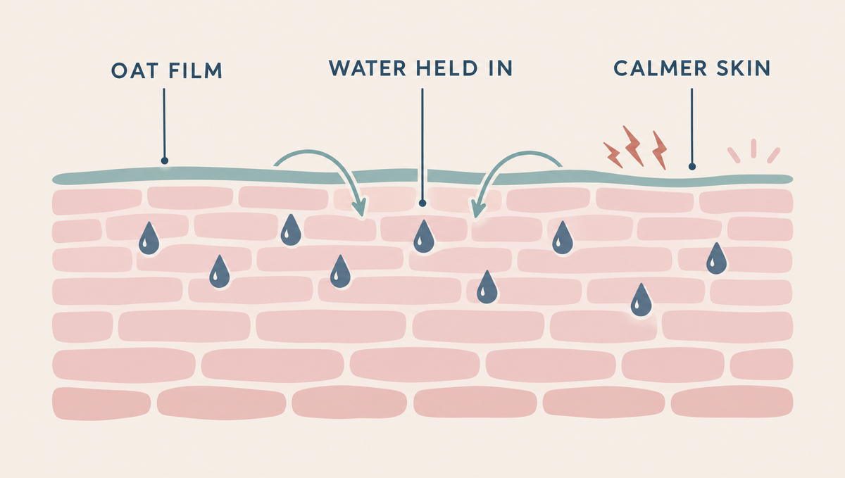 Diagram of skin layers with a thin teal film on the surface keeping water droplets inside and irritation marks calming.