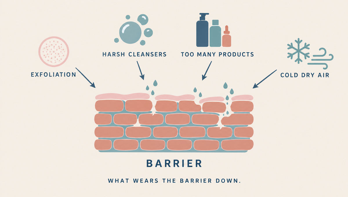 Diagram of the skin barrier drawn as a brick wall with gaps, with arrows showing exfoliation, harsh cleansers, too many products and cold dry air wearing it down.
