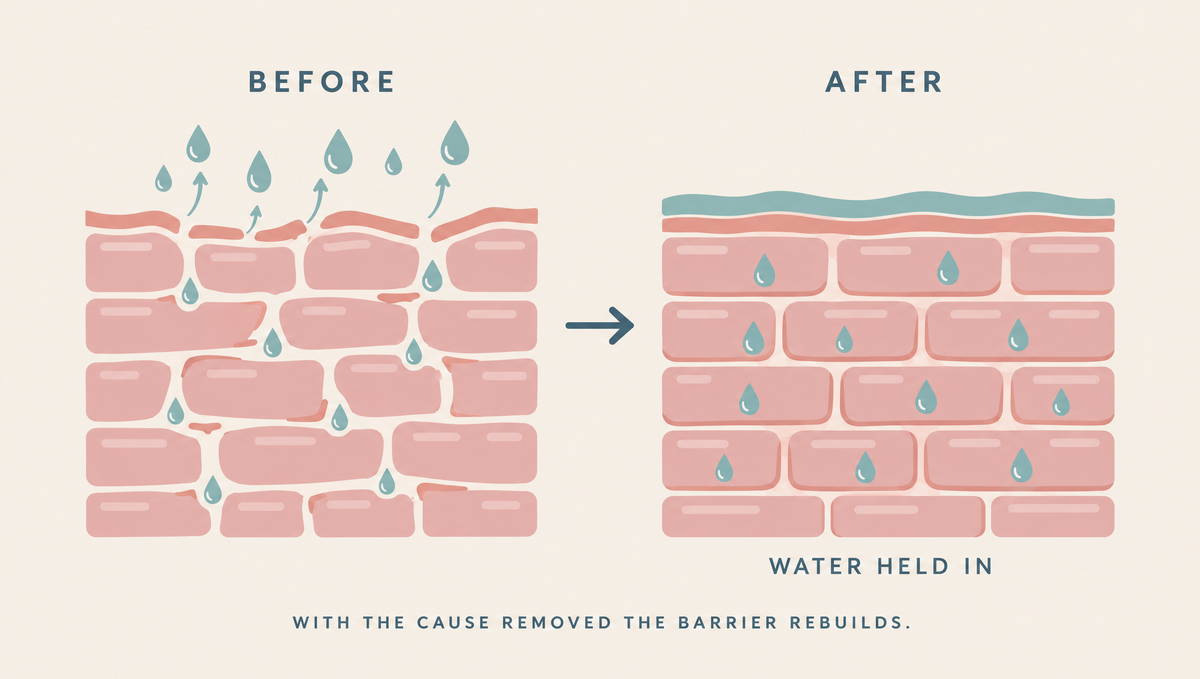 Diagram comparing a barrier with gaps and escaping water before repair, and a rebuilt barrier with a layer of oil on top holding water in after repair.