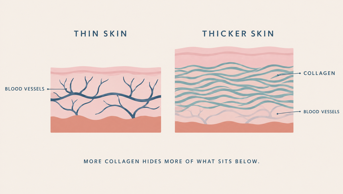 Two cross-sections of skin: on the left a thin layer with blood vessels clearly visible beneath, on the right a thicker layer full of collagen fibers with the vessels mostly hidden.